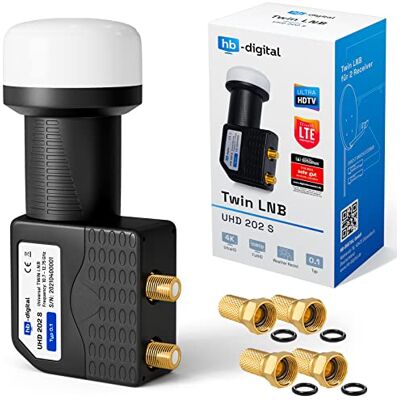 HB-Digital Twin LNB Test MOLTO BUONO* per 2 utenti, filtro LTE, 2 uscite, Full HD 4K, 0,1 dB, con protezione dalle intemperie + 4 connettori F per TV, parabola satellitare Nero HB-Digital Twin LNB Test MOLTO BUONO* per 2 utenti, filtro LTE, 2 uscite, Full HD 4K, 0,1 dB, con protezione dalle intemperie + 4 connettori F per TV, parabola satellitare Nero