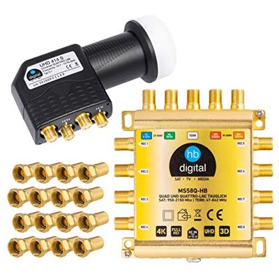HB-Digital DVB-S/S2 Multiswitch 5/8 + Quattro LNB UHD 414 S nero + 24 connettori F dorati Multiswitch per 1 SAT, 8 partecipanti Quad compatibile Alimentatore di rete MS58Q-HB FullHD 4K UHD HB-Digital DVB-S/S2 Multiswitch 5/8 + Quattro LNB UHD 414 S nero + 24 connettori F dorati Multiswitch per 1 SAT, 8 partecipanti Quad compatibile Alimentatore di rete MS58Q-HB FullHD 4K UHD