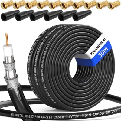 HB-Digital Cavo Coassiale SAT HQ135 PRO 30 m, 4 Beccucci in Gomma + 10 Connettori F Dorati, Cavo Antenna Satellitare 4 Schermati per Impianti DVB-S/S2 C/C2 T/T2 DAB+ Radio BK HB-Digital Cavo Coassiale SAT HQ135 PRO 30 m, 4 Beccucci in Gomma + 10 Connettori F Dorati, Cavo Antenna Satellitare 4 Schermati per Impianti DVB-S/S2 C/C2 T/T2 DAB+ Radio BK