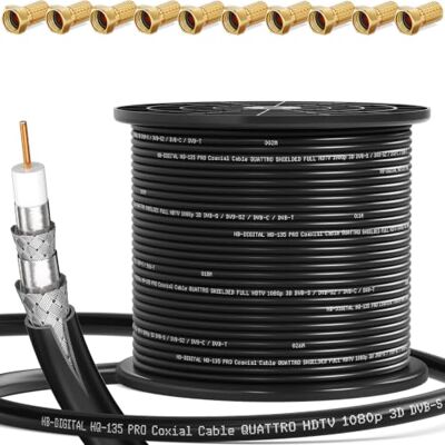 HB-Digital 250m Cavo Coassiale HQ-135 d'Antenna 135dB SAT 8K 4K UHD 4 Volte Schermato per Sistemi DVB-S/S2 C/C2 T/T2 DAB+ Radio BK + 10 F-Plug GRATUITAMENTE HB-Digital 250m Cavo Coassiale HQ-135 d'Antenna 135dB SAT 8K 4K UHD 4 Volte Schermato per Sistemi DVB-S/S2 C/C2 T/T2 DAB+ Radio BK + 10 F-Plug GRATUITAMENTE