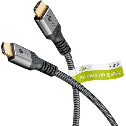 goobay 65263 Cavo HDMI 2.1 Ultra High Speed/risoluzioni UHD fino a 8K @ 60 e 4K @ 120Hz/Prolunga HDMI per PS5, Xbox, Apple TV 4k / prese dorate evitano la corrosione/grigio / 5m