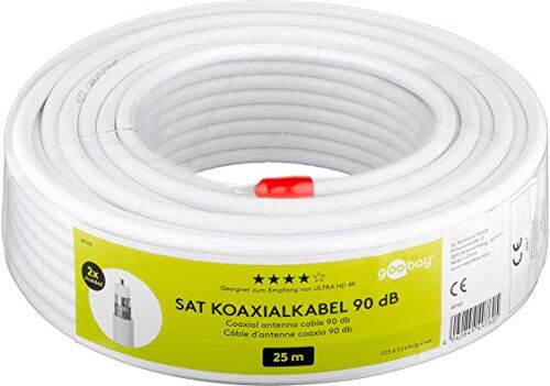 goobay 49760 Cavo coassiale satellitare, 90 dB, 25 m, schermatura doppia, HDTV, DVB-T, DVB-S, cavo TV CCS, cavo satellitare, 25 m, colore: Bianco