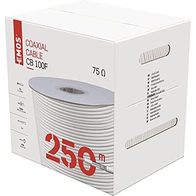 EMOS Cavo antenna 250 m, bianco, cavo TV, cavo coassiale a doppia schermatura, misura 75 dB, resistenza 75 Ohm EMOS Cavo antenna 250 m, bianco, cavo TV, cavo coassiale a doppia schermatura, misura 75 dB, resistenza 75 Ohm