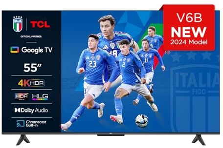 TCL 55V6B TV 55”, 4K HDR, Ultra HD, Google TV con design senza bordi, Dolby Audio, compatibile con Google Assistant e Alexa