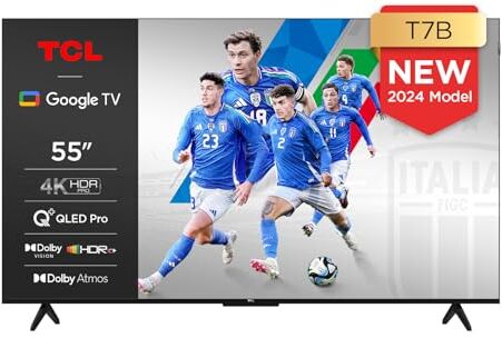 TCL 55T7B, TV QLED 55”, 4K Ultra HD, Google TV (Dolby Vision & Atmos, Controllo vocale hands-free, compatibile con Google assistant & Alexa) [Classe di efficienza energetica F]