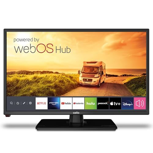 Cello 22'' Smart Camping Voyage TV, da 12 V, Triple Tuner Bluetooth, Disney+, Netflix, Apple TV+, Prime Video, Paramount+, Caravanes Bateaux HGVS, Modello 2023