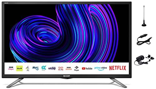 Sharp 1T-C24EE2KF2UBM Smart TV LED da 24”, adatta a camion, camper e barche, 12/24 V, Freeview Play, Freeview HD, HD satellitare, Saorview, Netflix, Prime, HDMI, Netz & 12V inclusive