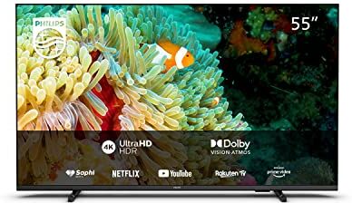 Philips 55PUS7607/12, Smart TV LED UHD 4K 55 Pollici, High Dynamic Range (HDR), Dolby Atmos, Dolby Vision, Immagini E Audio Cinematografici, Design Sottile, 60Hz, TV SAPHI, Cornice nera opaca