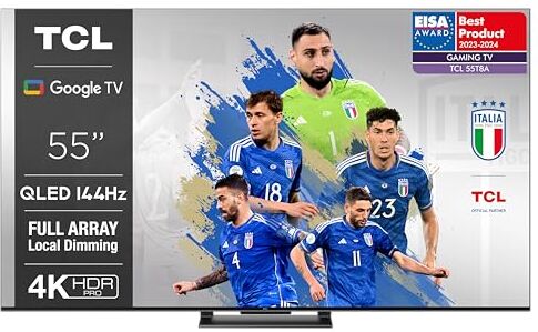 TCL 55T8A TV QLED 55”, VRR 144Hz, 4K Ultra HD, Full Array Local Dimming, Google TV (Dolby Vision & Atmos, Controllo vocale Google Assistant hands-free, compatibile con Alexa)