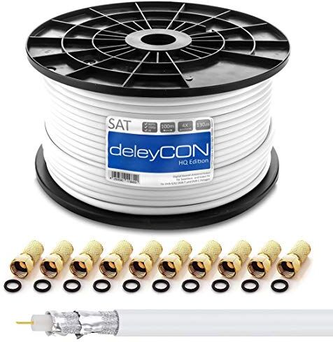 deleyCON 100m Cavo Coassiale SAT HQ 130dB con Schermatura Quattro DVB-S/S2 DVB-T DVB-C BK HDTV 4K 1080p Full HD + 10 Connettori F Dorati