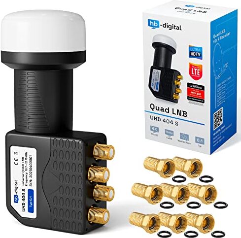 HB-Digital QUAD LNB 4 volte DVB-S DVB-S2 FULL HD TV 3D TV 4K UHD SAT 4 Partecipanti Con Protezione Dalle Intemperie + 8x F-plug Placcati Oro