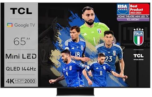 TCL 65C841, TV Mini LED 65”, pannello QLED 144Hz, 4K Ultra HD, Google TV (Dolby Vision & Atmos, audio Onkyo 2.1, Controllo vocale hands-free, compatibile con Google Assistant & Alexa)