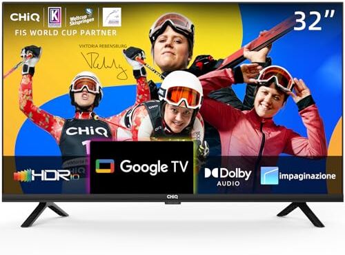 CHiQ TV L32G7V da 32 pollici, Google TV, HD, Design senza cornice, Assistente Google, Google Play, Chromecast integrato, Triplo sintonizzatore (DVB-T2/S2/C), 5G Wi-Fi, Bluetooth, HDMI ARC, USB2.0, CI+