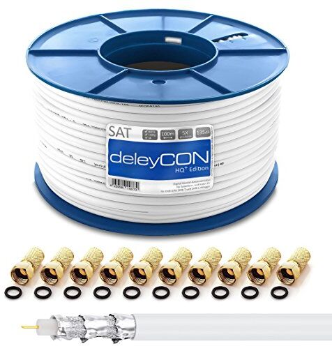 deleyCON 100m HQ+ Cavo Coassiale SAT 135dB con Schermatura Quintupla DVB-S/S2 DVB-T DVB-C BK HDTV 4K 1080p Full HD + 10 Connettori F Dorati