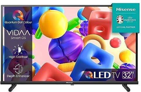 Hisense 32" QLED FULL HD 32E53KQT, Smart TV VIDAA U6 FHD, Game Mode, USB Type-C, Controlli vocali Alexa, Tuner DVB-T2/S2 HEVC 10, Double Position Stand