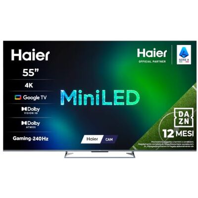 HAIER M90 Smart TV Mini LED 55'', 4K, Dolby Vision, 144Hz, Google TV Mini LED 4K, Dolby Vision, HDR10, Dolby Atmos, 144Hz, MEMC, 4 HDMI 2.1, Google TV, 12 Mesi DAZN Inclusi, H55M90GUX HAIER M90 Smart TV Mini LED 55'', 4K, Dolby Vision, 144Hz, Google TV Mini LED 4K, Dolby Vision, HDR10, Dolby Atmos, 144Hz, MEMC, 4 HDMI 2.1, Google TV, 12 Mesi DAZN Inclusi, H55M90GUX