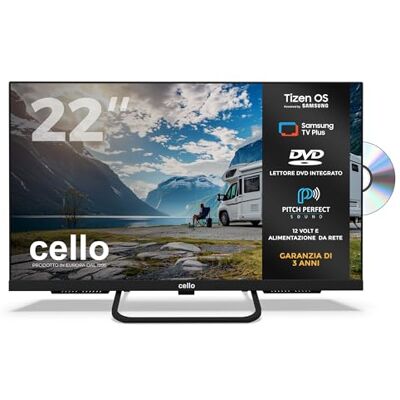 Cello CTRAV-22TZF Smart TV LED 22" 12V con lettore DVD, Tizen OS di Samsung, Gaming Hub, altoparlanti Pitch Perfect, Bluetooth, triplo sintonizzatore, ideale per camper e campeggio Cello CTRAV-22TZF Smart TV LED 22" 12V con lettore DVD, Tizen OS di Samsung, Gaming Hub, altoparlanti Pitch Perfect, Bluetooth, triplo sintonizzatore, ideale per camper e campeggio