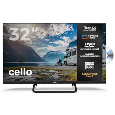 Cello CTRAV-32TZF Smart TV LED 32" 12V con lettore DVD, Tizen OS di Samsung, Gaming Hub, altoparlanti Pitch Perfect, Bluetooth, triplo sintonizzatore, ideale per camper e campeggio Cello CTRAV-32TZF Smart TV LED 32" 12V con lettore DVD, Tizen OS di Samsung, Gaming Hub, altoparlanti Pitch Perfect, Bluetooth, triplo sintonizzatore, ideale per camper e campeggio