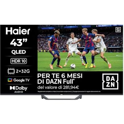 HAIER QLED 4K UHD H43S81FUX 43'' Smart TV, Google TV, Dolby Audio, HDR 10, Telecomando Smart, Google Assistant, Bluetooth 5.1, Gaming 120Hz, USB 2.0, DBX TV, HDMI 2.1 x 4 HAIER QLED 4K UHD H43S81FUX 43'' Smart TV, Google TV, Dolby Audio, HDR 10, Telecomando Smart, Google Assistant, Bluetooth 5.1, Gaming 120Hz, USB 2.0, DBX TV, HDMI 2.1 x 4