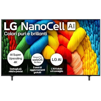 LG NanoCell AI NANO80 65 pollici, Smart TV 4K, Processore α7 Gen8, Tecnologia NanoCell, webOS con AI e telecomando puntatore AI, Filmmaker mode, Gaming con VRR 4K@60Hz, 65NANO80A6B 2025 LG NanoCell AI NANO80 65 pollici, Smart TV 4K, Processore α7 Gen8, Tecnologia NanoCell, webOS con AI e telecomando puntatore AI, Filmmaker mode, Gaming con VRR 4K@60Hz, 65NANO80A6B 2025