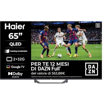 HAIER Smart TV 65" QLED 4K Ultra HD S81 Series, Google TV, Dolby Audio, Gaming 120Hz DLG, HDMI 2.1, Chromecast Integrato, Bluetooth 5.1, Design Senza Bordi, Telecomando Vocale, 12 Mesi DAZN inclusi HAIER Smart TV 65" QLED 4K Ultra HD S81 Series, Google TV, Dolby Audio, Gaming 120Hz DLG, HDMI 2.1, Chromecast Integrato, Bluetooth 5.1, Design Senza Bordi, Telecomando Vocale, 12 Mesi DAZN inclusi