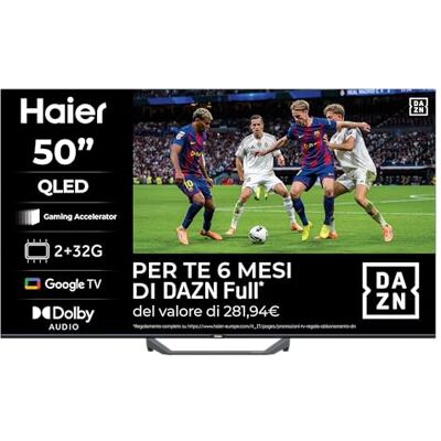 HAIER Smart TV 50" QLED 4K Ultra HD S81 Series, Google TV, Dolby Audio, Gaming 120Hz DLG, HDMI 2.1, Chromecast Integrato, Bluetooth 5.1, Design Senza Bordi, Telecomando Vocale HAIER Smart TV 50" QLED 4K Ultra HD S81 Series, Google TV, Dolby Audio, Gaming 120Hz DLG, HDMI 2.1, Chromecast Integrato, Bluetooth 5.1, Design Senza Bordi, Telecomando Vocale