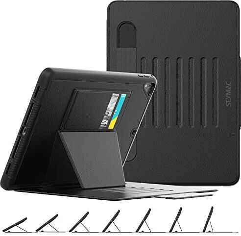 SEYMAC stock Custodia per iPad 6a/5a Generazione 9.7" 2018/2017, iPad Air 2 2014 e iPad Pro 9.7 2016, Custodia Antiurto con [Supporto a 7 Angolazioni] Portapenne e Slot per Schede, Nero