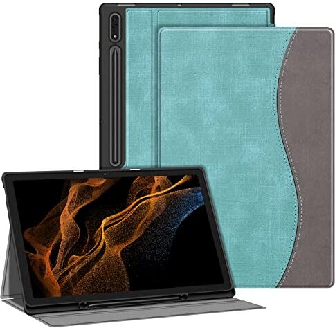 FINTIE Custodia per Samsung Galaxy Tab S8 Ultra 14.6" 2022 SM-X900/X906 con S Pen Holder, Multi-angli Protettiva Cover Posteriore in Morbido TPU Case con Auto Sveglia/Sonno, Turquoise/Marrone