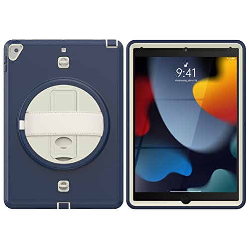 KEYWANTS Custodia per iPad 7/8/9 Gen(2019/2020/2021) 10,2" e Air 3 Gen(2019) 10,5", girevole a 360°, con mano e tracolla, colore: bianco e blu navy