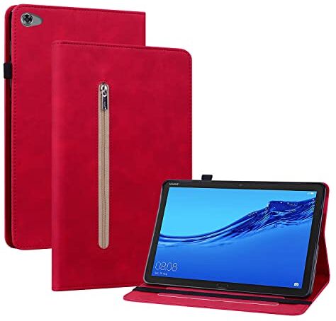 GXLONG Ooboom Zipper Custodia per Huawei MediaPad M5 Lite 10", Flip Smart Cover in Pelle PU Protezione Copertura Wallet Case Borsa Supporto Banda Elastica Rosso