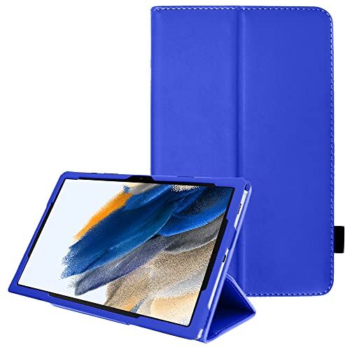 TECHGEAR Custodia in Pelle Designato per Samsung Galaxy Tab A8 10.5" 2022 (SM-X200 / SM-X205), Custodia Rigida Sottile di Alta Qualità in PU Pelle con Supporto e Cinturino a Mano [Blu]