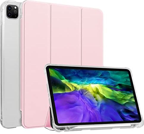 HUEZOE Custodia compatibile con iPad Pro da 11 pollici, modello 2021/2020/2018, in morbido TPU trasparente, con portapenne, auto sleep/wake, rosa