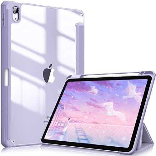 FINTIE Custodia per iPad Air 5a Generazione (2022) / 4a Generazione (2020) 10.9 Pollici con Pencil Holder Sottile Leggero Trasparente Cover Posteriore con Bordo in TPU Morbido, Lilla Viola