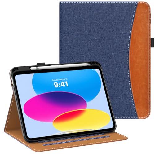 MoKo Custodia iPad 10a Gen. iPad 10,9 Pollici 2022 con Portapenne, Custodia iPad 10a Gen. con Supporto Multi-Angolo e Cinturino Posteriore in Morbido TPU per iPad 10a Gen. 2022, Denim Blu Marrone