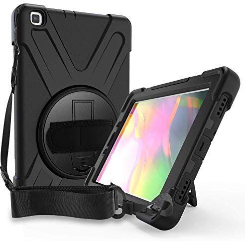 ProCase Galaxy Tab A 8.0 2019 Rugged Custodia con Mano/Spalla Cinghia(SM-T290 T295), Bambino Shockproof Cover Protettiva Antiurto con Kickstand Rotante per Galaxy Tab A 8.0 Tablet –Nero