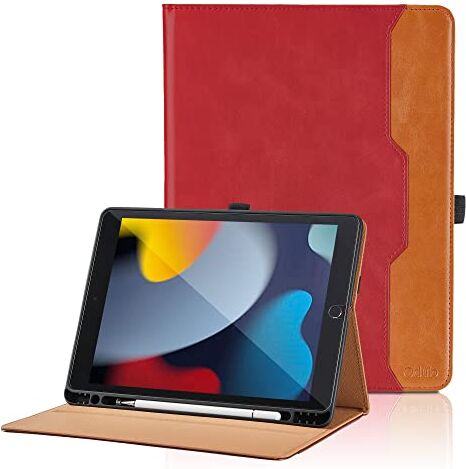 Oduio Custodia per iPad 9 Generazione (2021) / iPad 8 Generation (2020) / 7 Gen (2019) 10.2 Pollici Pelle Tablet Case, Protettivo Supporto con Pencil Holder, Auto Svegliati/Sonno Rosso