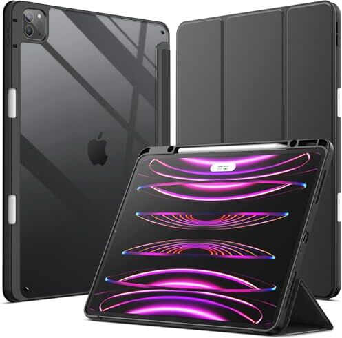 JETech Custodia per iPad Pro 12,9 Pollici (2022/2021/2020/2018) con Portapenne, Posteriore Chiaro Trasparente Supporto Sottile per Tablet Cover Antiurto (Nero)