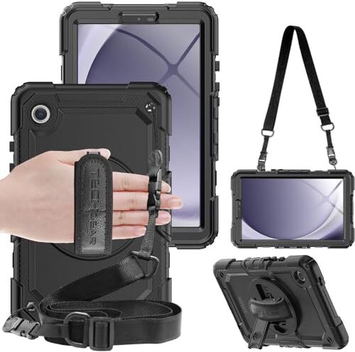 TECHGEAR UTILITY Custodia per Samsung Galaxy Tab A9 da 8,7" (SM-X110/SM-X115), resistente e robusta, antiurto, con supporto girevole a 360°, cinturino da polso e tracolla, colore nero