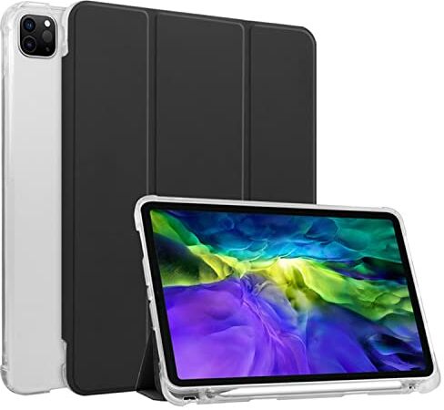 HUEZOE Custodia compatibile con iPad Pro da 11 pollici, modello 2021/2020/2018, in morbido TPU trasparente, con portapenne, auto sleep/wake, nero