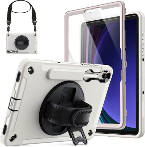 JETech Custodia per Samsung Galaxy Tab S9 11 Pollici con Pellicola Protettiva e S Pen Holder, Impieghi Gravosi Antiurto Protettiva Tablet Cover, 360 Gradi Rotante Mano Cinghia Supporto (Beige)