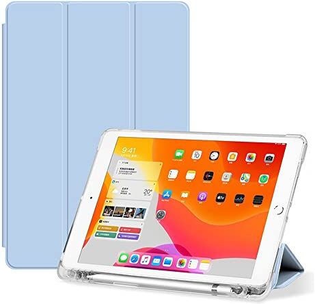 KEYWANTS Custodia compatibile con iPad Pro da 11 pollici (2018/2020/2021), tripla copertura pieghevole trasparente con funzione di accensione/spegnimento automatico e vassoio penna, azzurro cielo