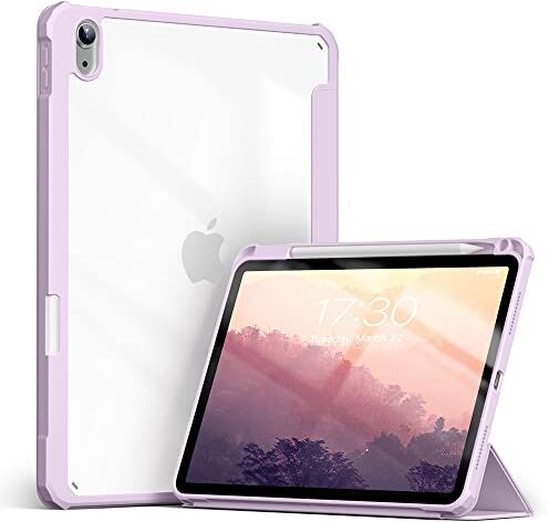 KEYWANTS Custodia per iPad Air 4/5 da 10,9" (2020/2022) con slot per penna integrato, custodia con superficie in PU e retro in acrilico con spegnimento automatico e veglia, viola chiaro