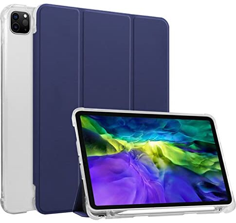 HUEZOE Custodia compatibile con iPad Pro da 11 pollici, modello 2021/2020/2018, in morbido TPU trasparente, con portapenne, auto sleep/wake, blu