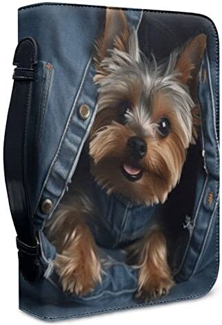 Kuiaobaty Novità Jeans Dog Notebook Cover Borsa con Tasche Pelle PU 3D Yorkshire Stampa Libro Custodia Cerniera per Studio Bibbia, 4 Dimensioni