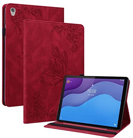 Nothers DodoBuy Custodia per Lenovo Tab M10 HD (2nd Gen) Tablet 10.1" TB-X306X/X306F, Retrò Modello Farfalla Fiore Flip Smart Cover in Pelle PU Copertura Wallet Case Borsa Supporto Banda Elastica Rosso