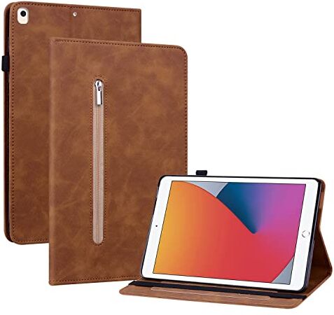 GXLONG Ooboom Zipper Custodia per iPad 10.2"/iPad PRO 10.5/iPad Air 10.5, Flip Smart Cover in Pelle PU Protezione Copertura Wallet Case Borsa Supporto Banda Elastica Marrone