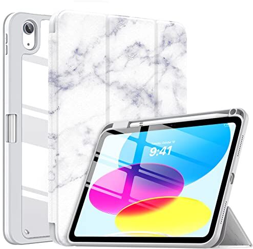 TiMOVO Custodia Compatibile con iPad 10 Generazione 10,9" 2022, iPad Smart Cover con Pencil Holder, Custodia Sottile a Tre-Ante, Auto Sveglia/Sonno, Marmo Bianco