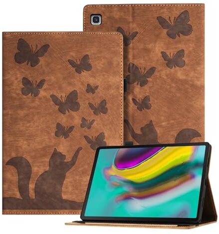 Auslbin Ausblin Goffrato Samsung Tab S5e Cover 2019, Custodia per Tablet in Pelle PU Retrò a Tema Farfalla e Gatto per Samsung Galaxy Tab S5e (2019) 10.5" / T720, Marrone