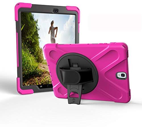 JZ 360 Degrees Kickstand Custodia Cover Compatible with Samsung Galaxy Tab S3 9.7 (SM-T820,T825,T827) Stand Custodia with Wrist Strap And Shoulder Strap Hot Pink