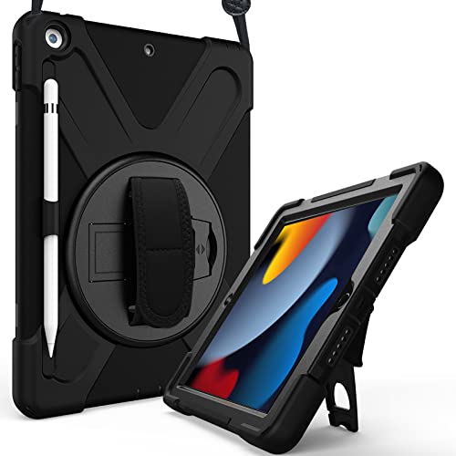 Procase Custodia per iPad 8/7 10.2 Pollici 2020/2019, iPad 8/7 Generazione Cover in Silicone, Rugged Custodia Protettiva Antiurto con Cinturino a Mano, Cavalletto Rotante e Tracolla -Nero